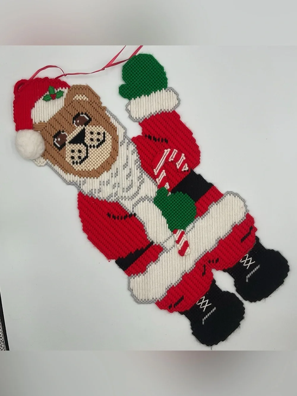 Vtg Christmas Santa Bear Wall Hanging Plastic Yarn Needlepoint Folk Art Decor